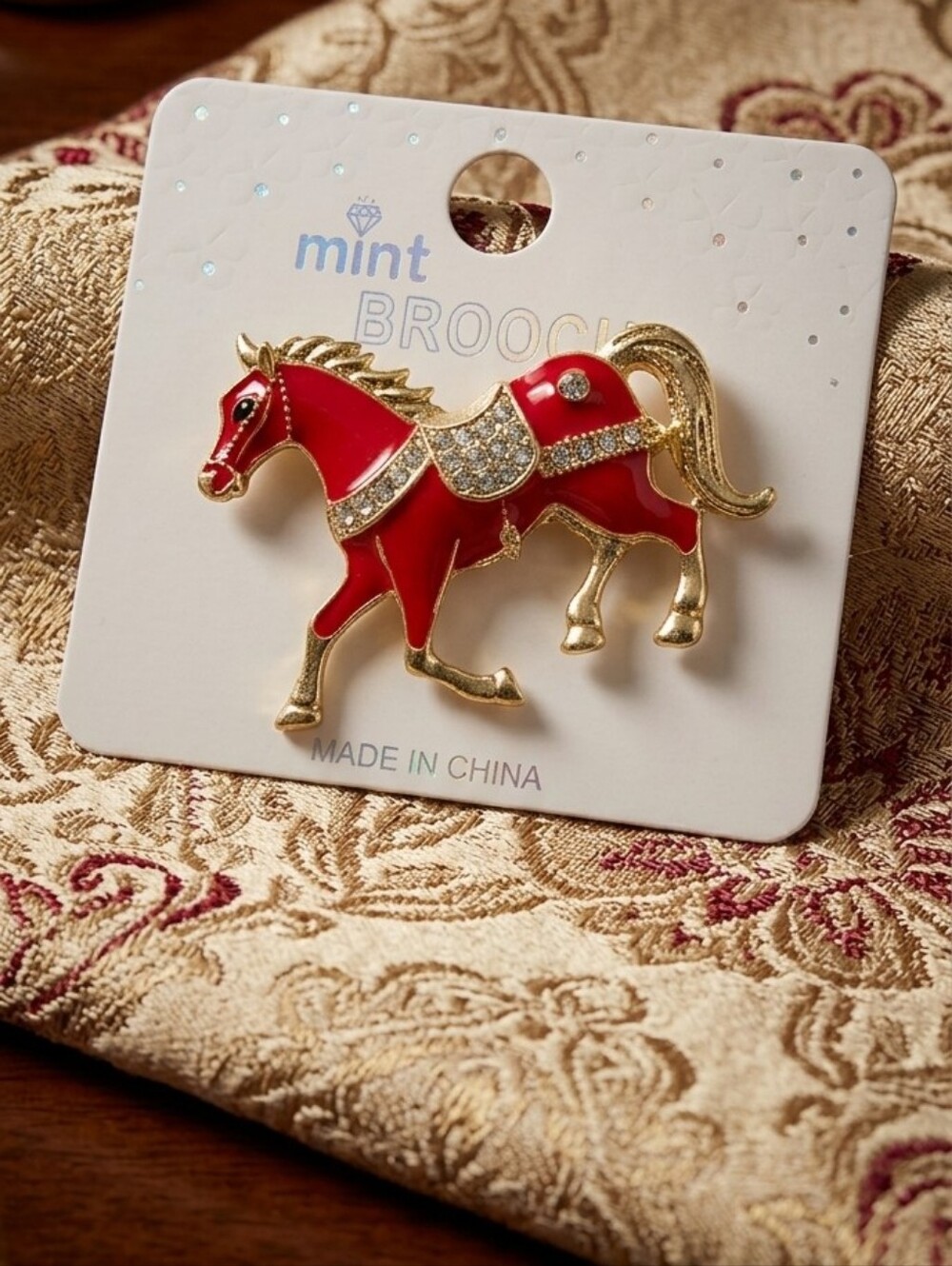 Mint Red and Gold Horse Brooch
